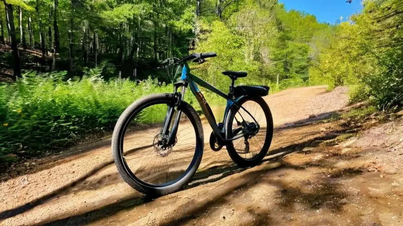 Una bicicleta de montaña robusta con ruedas de 26 pulgadas y un marco de aluminio, situada en un sendero de grava bajo un cielo azul y rodeada de vegetación
