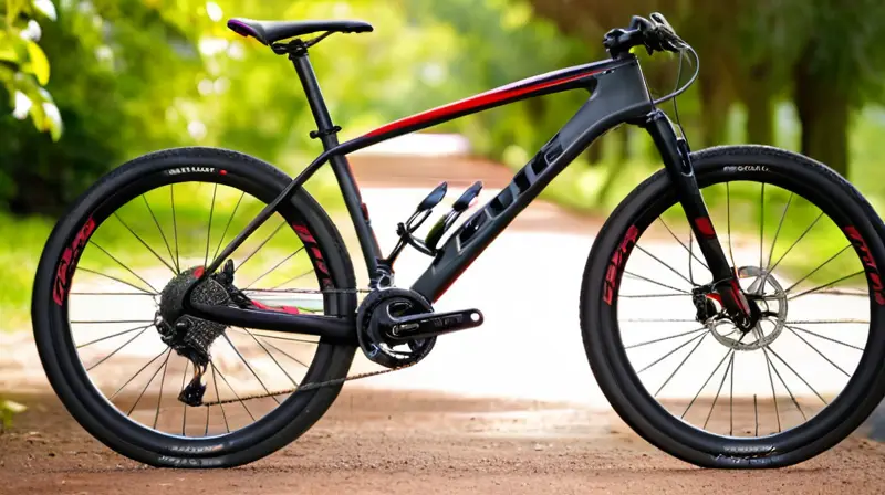 Bicicleta de carbono negra mate con detalles rojos, diseño aerodinámico y componentes de alta precisión
