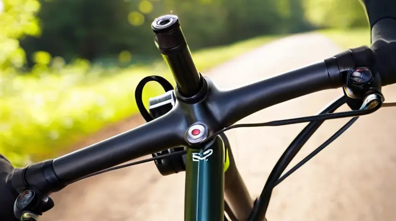 Bicicleta de carbono con diseño elegante, ligera y resistente, detalles precisos y un ambiente natural que invita a la aventura