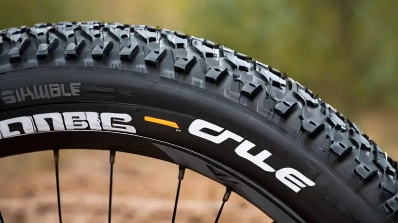 Una imagen cercana de un neumático plegable Schwalbe Billy Bonkers 26, con un diseño robusto y detalles nítidos, resalta su ligereza y flexibilidad en un fondo desenfocado de un camino de grava
