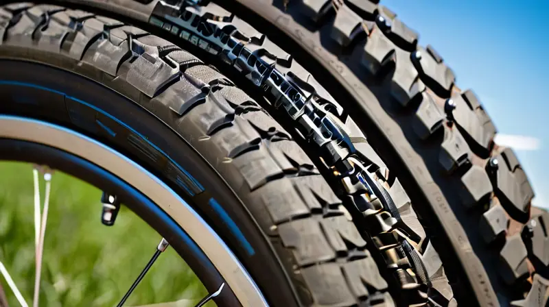 Una imagen detallada de un neumático Schwalbe Billy Bonkers 26, mostrando su diseño, textura y uso en un entorno natural