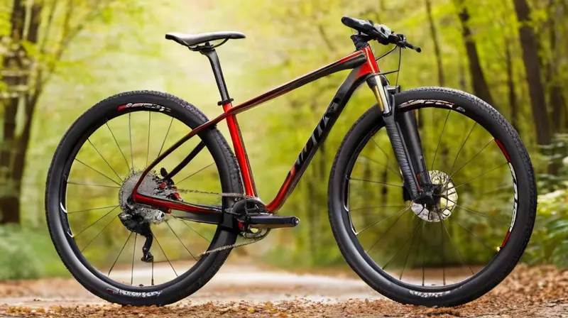 Bicicleta de montaña de carbono con diseño elegante, detalles en rojo, construcción ligera y robusta, y un sistema de suspensión de alto rendimiento