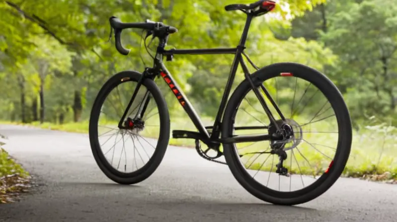 Bicicleta ligera y elegante con acabado negro mate, detalles rojos, y diseño minimalista, lista para la aventura