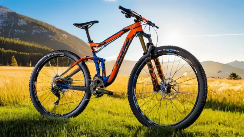 Dos bicicletas de montaña Scott Spark usadas, de colores vibrantes y con ligeras marcas de uso, están dispuestas en un campo verde bajo la luz natural