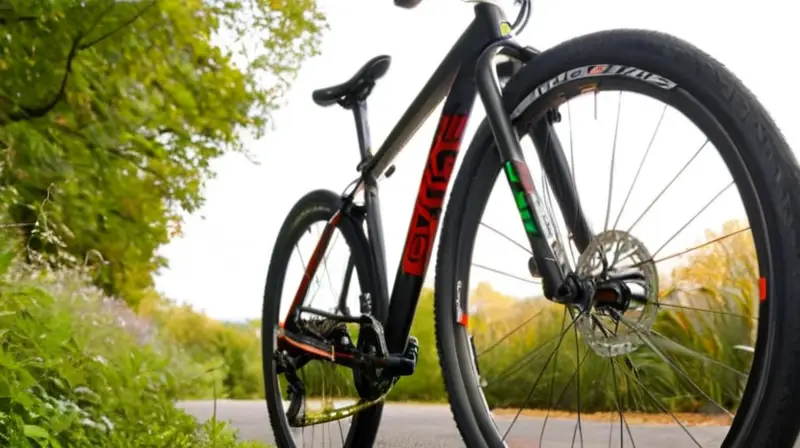 Bicicleta de carbono negra mate con detalles rojos, diseño ergonómico y componentes ligeros, ideal para explorar