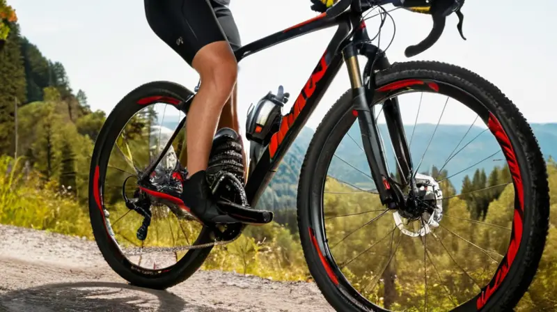 Bicicleta de carbono negra mate con detalles rojos, diseño ligero y geométrico, y componentes bien definidos, en un entorno natural