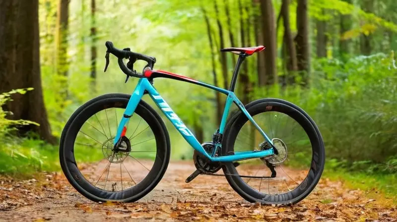Bicicleta de carbono negra mate con detalles rojos, diseño ligero y ergonómico, y componentes de alta calidad en un entorno natural