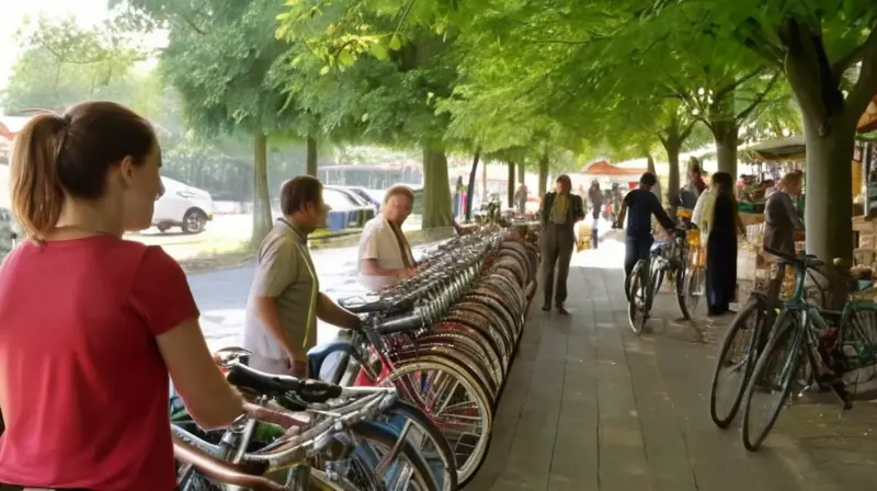 Un vibrante mercado al aire libre lleno de bicicletas de colores, gente entusiasta y un ambiente comunitario