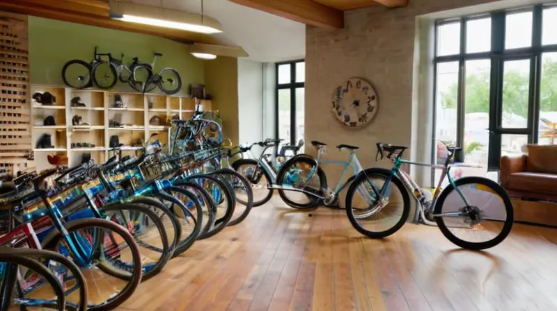 Una acogedora tienda de bicicletas bien iluminada muestra una variedad de bicicletas de segunda mano y accesorios en un ambiente cálido y atractivo