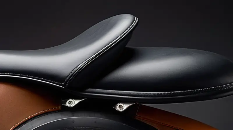 Silla de montar negra elegante con acabado mate, diseño ergonómico y detalles realistas que destacan su innovación