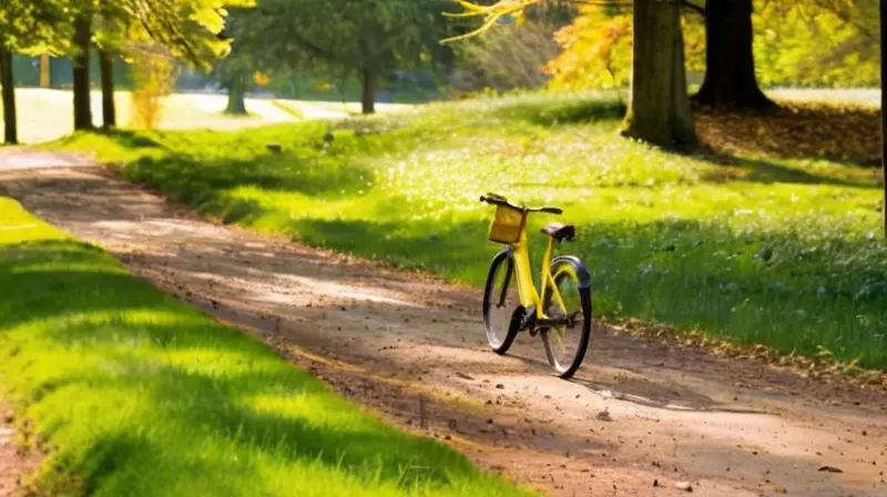 Un cartel de madera amarilla con un símbolo de bicicleta se erige en un entorno natural