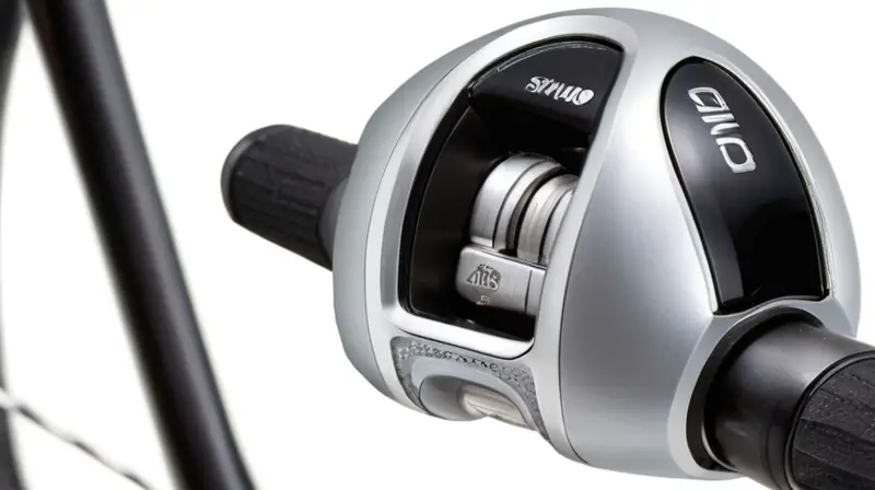 Un elegante cambio Shimano CUES en plata metálica destaca por su diseño detallado y ergonómico