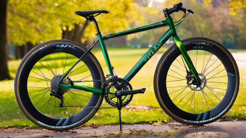 Una bicicleta elegante con acabado metálico brillante y detalles intrincados en un entorno sereno de parque