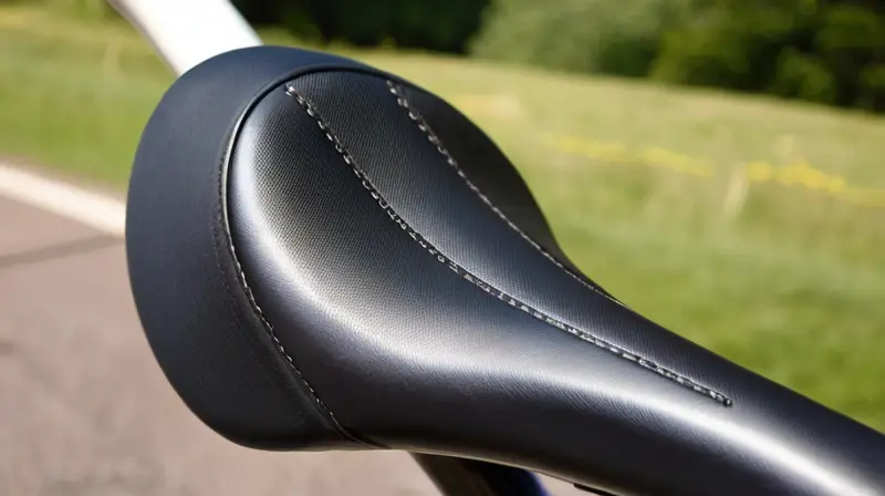 Silla de bicicleta aerodinámica de cuero negro con diseño ergonómico, acolchado suave y detalles refinados