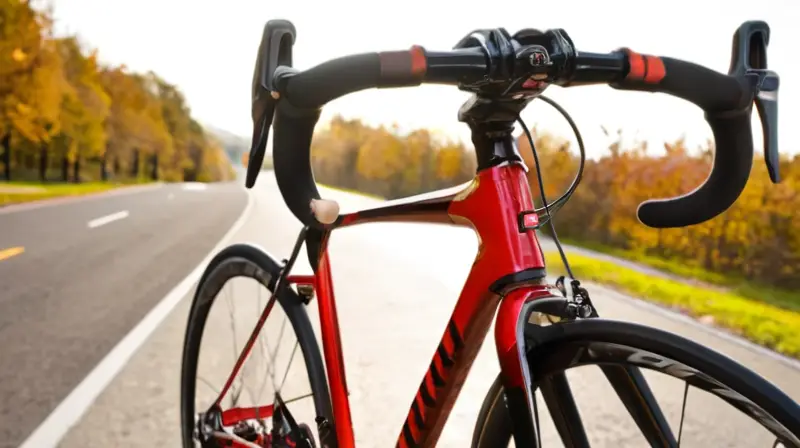 Bicicleta de carbono elegante con acabado negro brillante, detalles rojos, diseño aerodinámico y componentes Shimano Ultegra