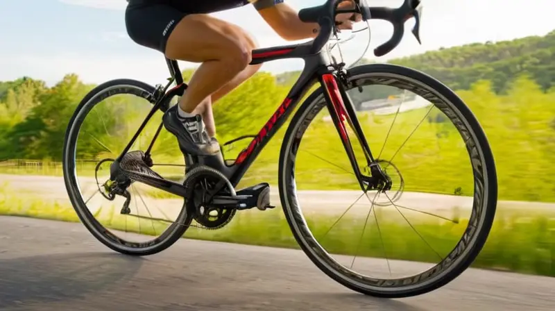 Bicicleta de carbono con diseño aerodinámico, acabados brillantes y detalles en rojo, destacando su ligereza y componentes de alta calidad