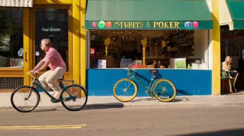 Una bicicleta vibrante brilla bajo la luz del sol en una animada calle de Valencia