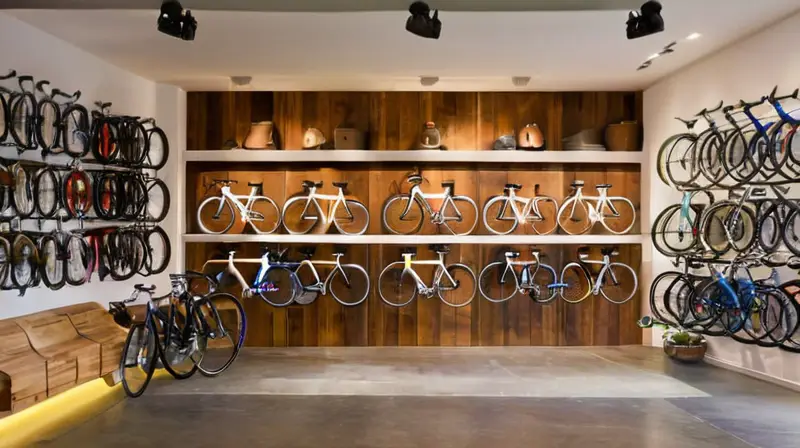Una bicicleta Specialized Roubaix elegante y brillante se exhibe en una acogedora tienda de bicicletas con un ambiente cálido y equilibrado