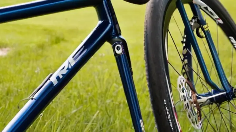 Una bicicleta Specialized Roubaix brillante y aerodinámica está estacionada en un camino de grava, rodeada de hierba verde y con un ambiente que invita a la aventura