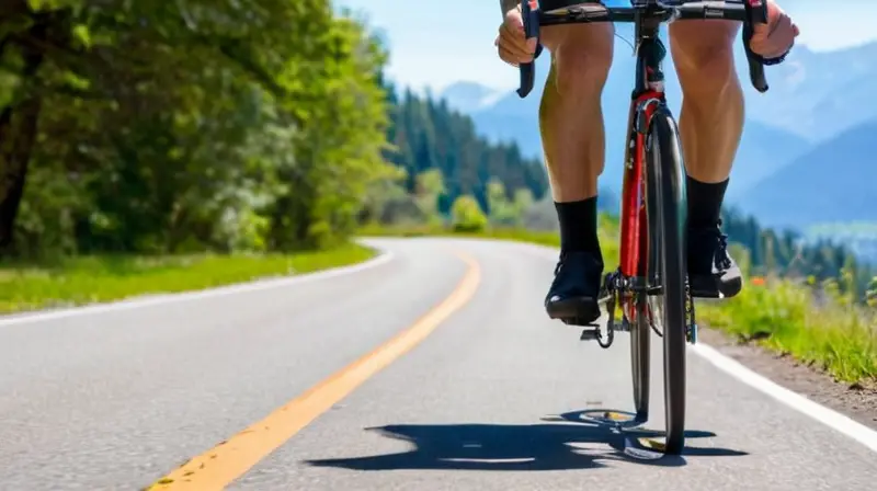 Una bicicleta de aluminio elegante y ligera, con un acabado metálico pulido y un diseño aerodinámico en rojo y negro, es montada por un ciclista en un paisaje natural