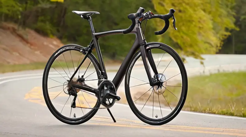Bicicleta de aluminio negra, aerodinámica y ligera, con detalles en rojo y componentes Shimano, que resalta velocidad y rendimiento