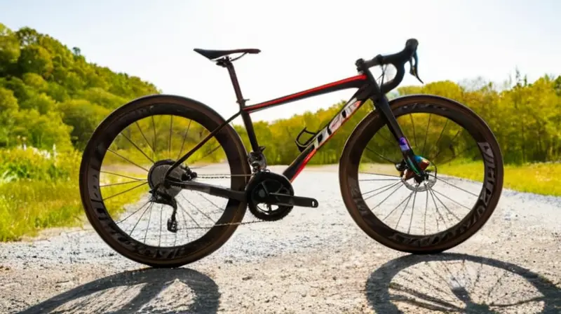 Bicicleta de carbono negra mate con detalles rojos, diseño aerodinámico y neumáticos de alta calidad, lista para la aventura en un entorno natural