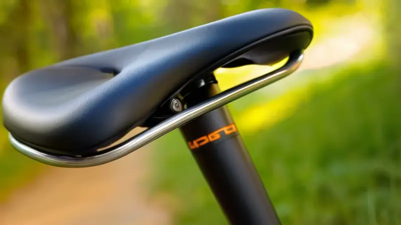 Silla de bicicleta negra elegante y ergonómica con detalles en fibra de carbono y un entorno natural que sugiere movimiento