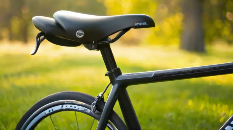 Silla de bicicleta negra elegante y ergonómica, con detalles texturizados y un diseño que sugiere comodidad y durabilidad
