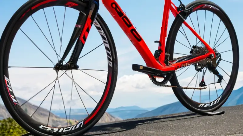 Bicicleta de carbono elegante y ligera con detalles en rojo