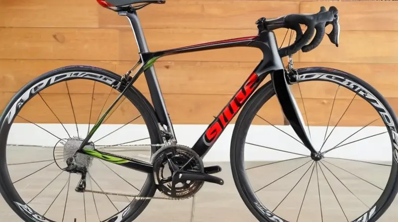 Una bicicleta de carbono elegante y aerodinámica, con componentes Shimano 105 Di2 y detalles vibrantes, que evoca velocidad y alto rendimiento