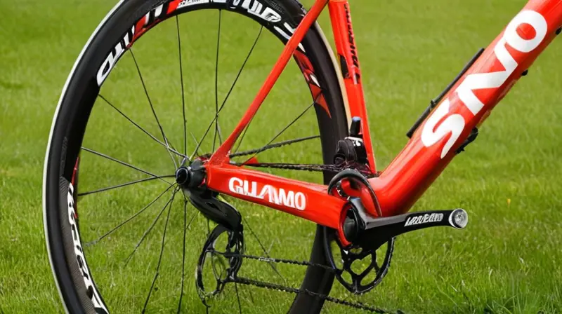Bicicleta de carbono ligera y aerodinámica con detalles en rojo y componentes Shimano de alto rendimiento