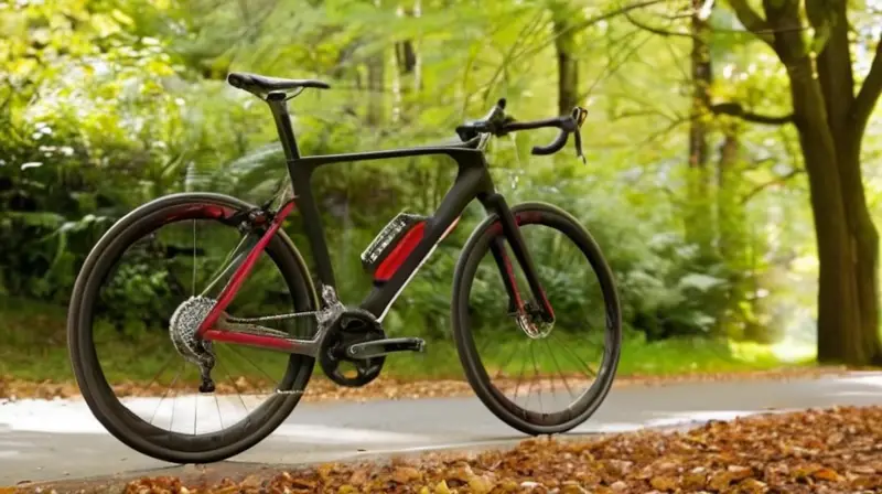Bicicleta de carbono con diseño minimalista, acabados en negro brillante y detalles en rojo, que destaca por su ligereza y aerodinámica