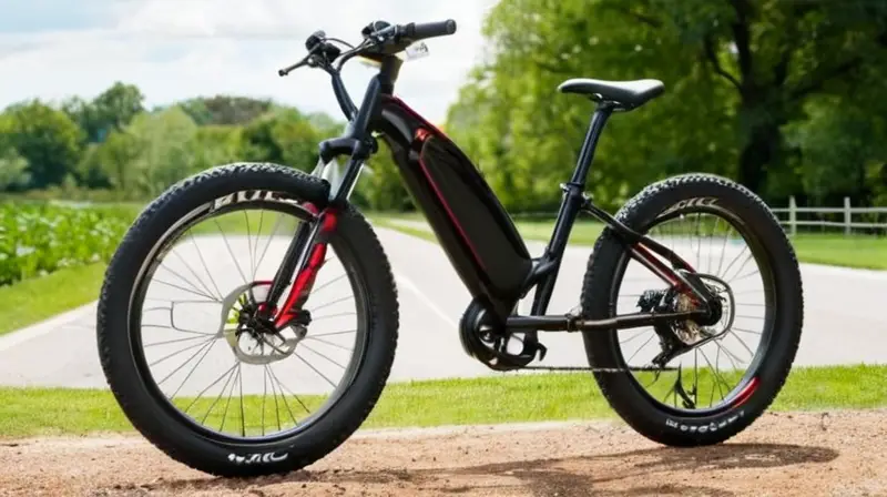 Bicicleta eléctrica elegante con marco negro mate, detalles en rojo y plata, diseño ergonómico y neumáticos anchos