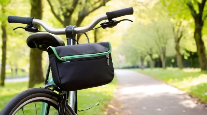 Una elegante alforja negra, compacta y brillante, está sujeta bajo un asiento de bicicleta, llena de herramientas, en un parque verde iluminado por el sol