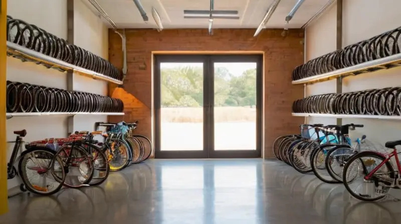 Una acogedora y luminosa tienda de bicicletas con un ambiente profesional, donde se exhiben bicicletas de alta calidad y se realizan reparaciones