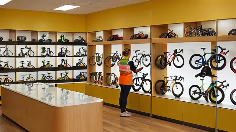 Una tienda de bicicletas luminosa y acogedora, con productos bien organizados y un ambiente amigable que invita a los clientes a explorar