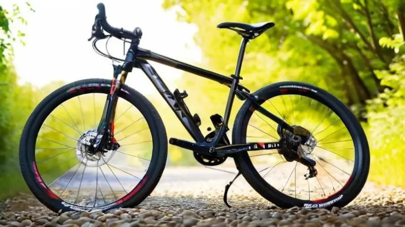 Bicicleta de aluminio negro mate con detalles rojos, diseño ergonómico y componentes de suspensión bien definidos, sobre un camino de grava rodeado de vegetación