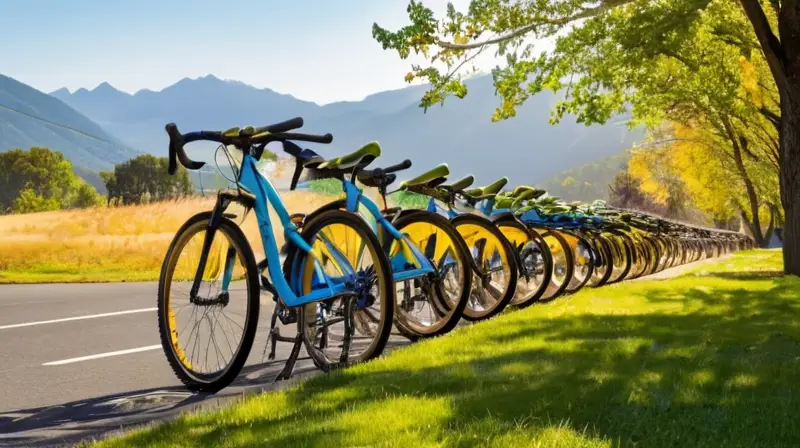 Una escena al aire libre iluminada por el sol con bicicletas de alto rendimiento alineadas sobre la hierba