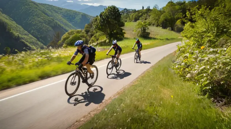 Un grupo de ciclistas en bicicletas brillantes pedalea en un paisaje soleado y vibrante, rodeado de naturaleza y con expresiones de determinación y alegría