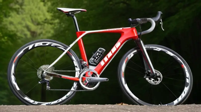 Bicicleta de carbono con diseño aerodinámico, acabados en negro brillante y detalles en rojo y blanco, que resalta velocidad y rendimiento en un entorno natural