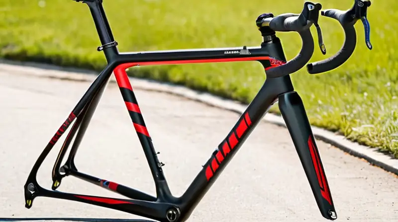 Bicicleta de carbono con diseño aerodinámico, acabados en negro brillante y detalles en rojo y blanco