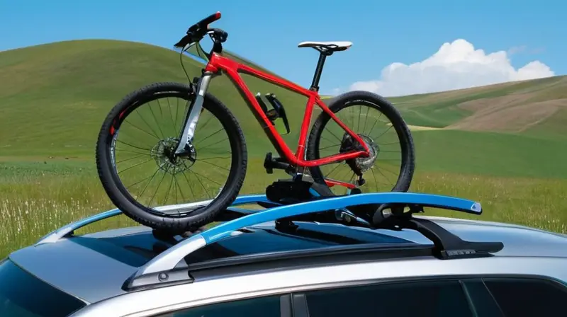 Un elegante portabicicletas Thule Proride 598 en plata metálica sostiene dos bicicletas, una de montaña azul y otra de carretera roja, sobre el techo de un coche bajo un cielo azul