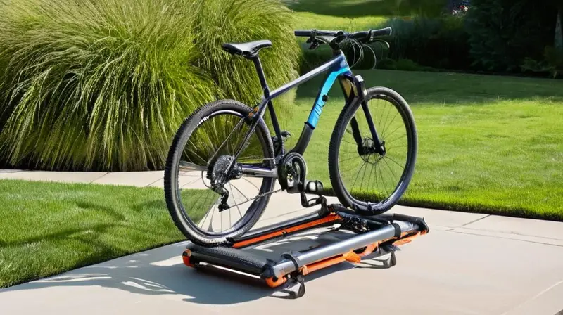 Un portabicicletas Thule EasyFold XT negro, compacto y elegante, sostiene dos bicicletas coloridas en un entorno iluminado y natural