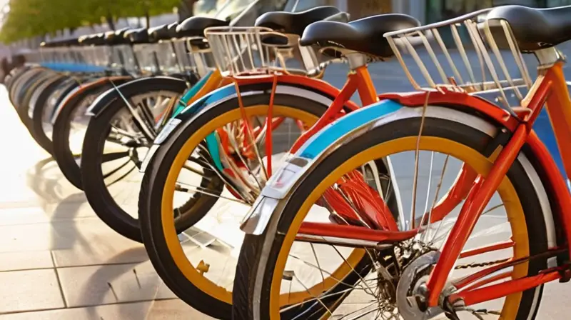 Cuatro bicicletas de estilos distintos brillan bajo la luz del sol en una animada escena urbana