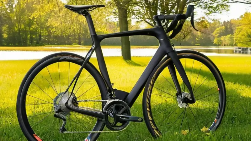 Bicicleta de carbono negra mate con detalles brillantes