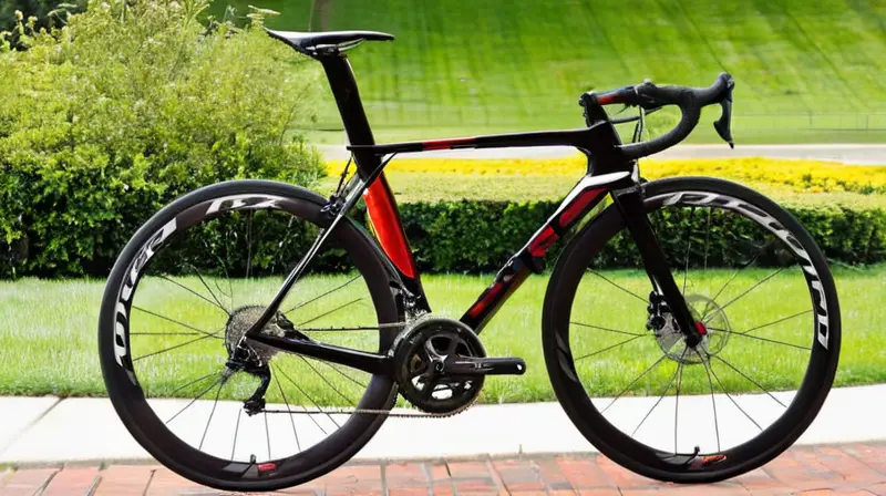 Bicicleta de carbono con diseño aerodinámico, detalles en rojo y componentes de alto rendimiento en un entorno natural