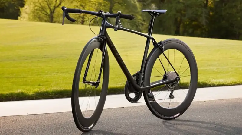 Bicicleta de diseño aerodinámico y elegante, con acabado negro brillante y componentes Shimano, que destaca por su ligereza y ergonomía