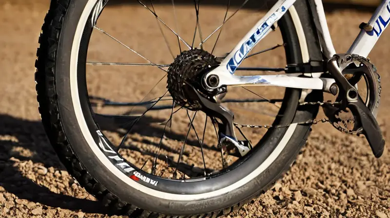 Un primer plano de una llanta de bicicleta húmeda junto a un frasco de líquido anti-pinchazos y herramientas