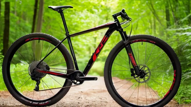 Una bicicleta de carbono negra mate con detalles rojos y un entorno natural vibrante