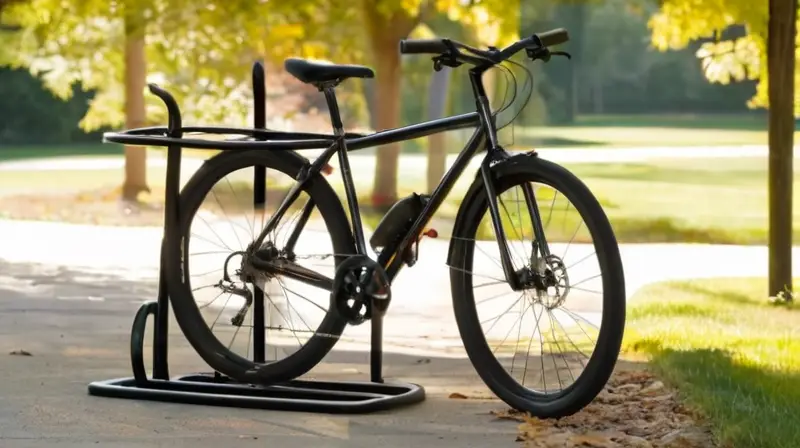 Un robusto y elegante portabicicletas negro sostiene dos bicicletas en un entorno natural